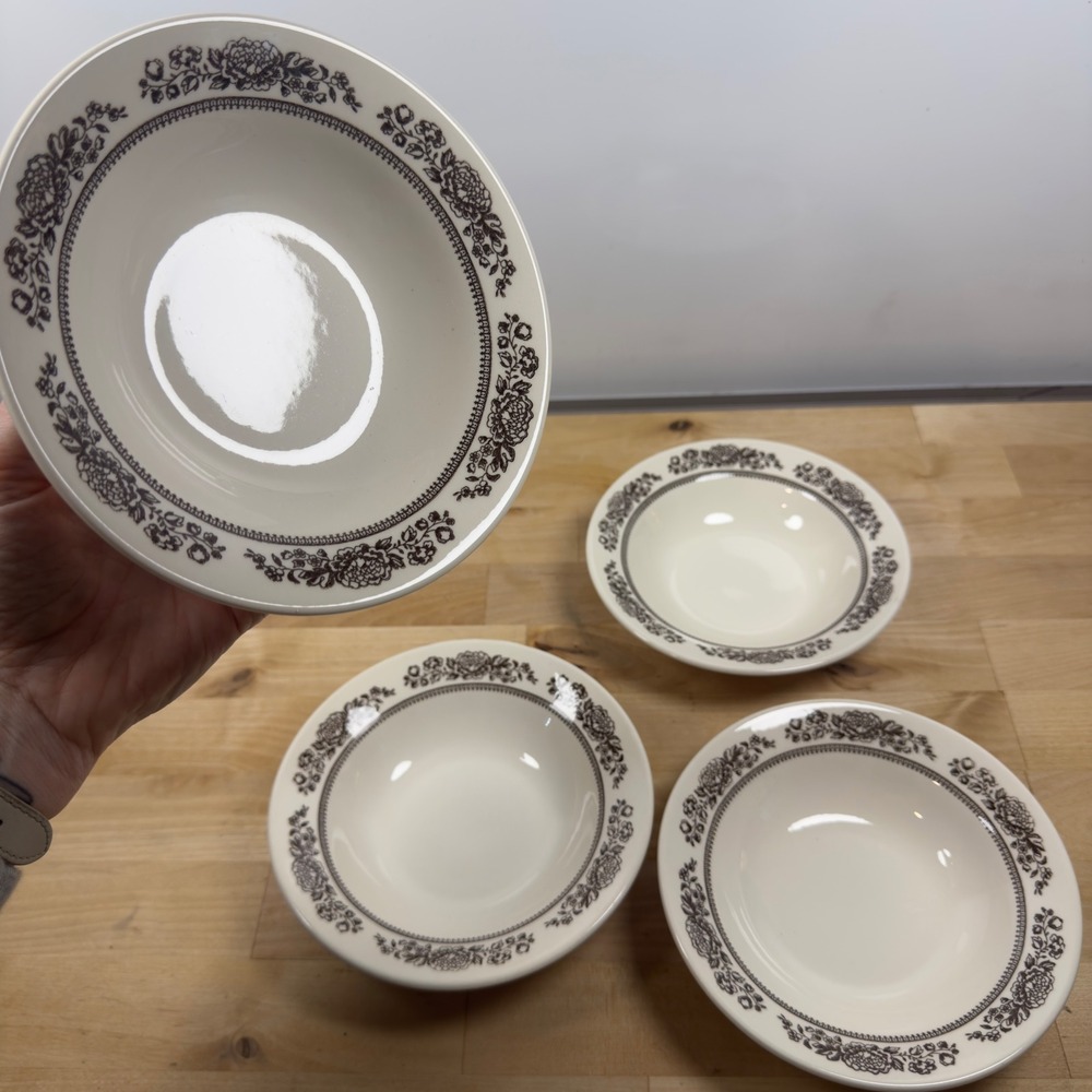 Royal China Sussex Jeannette Brown Floral Soup Cereal Bowls Set of 4 USA Made